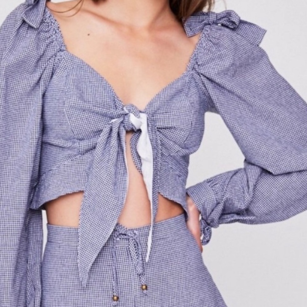 STONE COLD FOX Blue Gingham Kini Crop‎ Top Tie Balloon Sleeve NWT Size 0